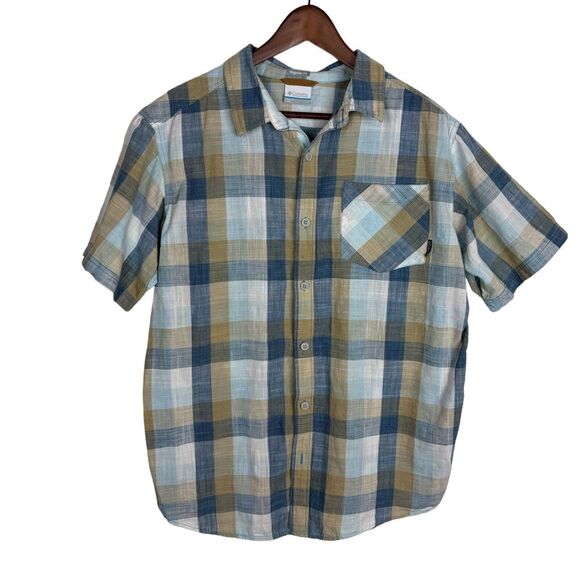 Columbia Brown Blue Checkered Button Front S/S Shirt Men's Large Regular Fit - Picture 1 of 5